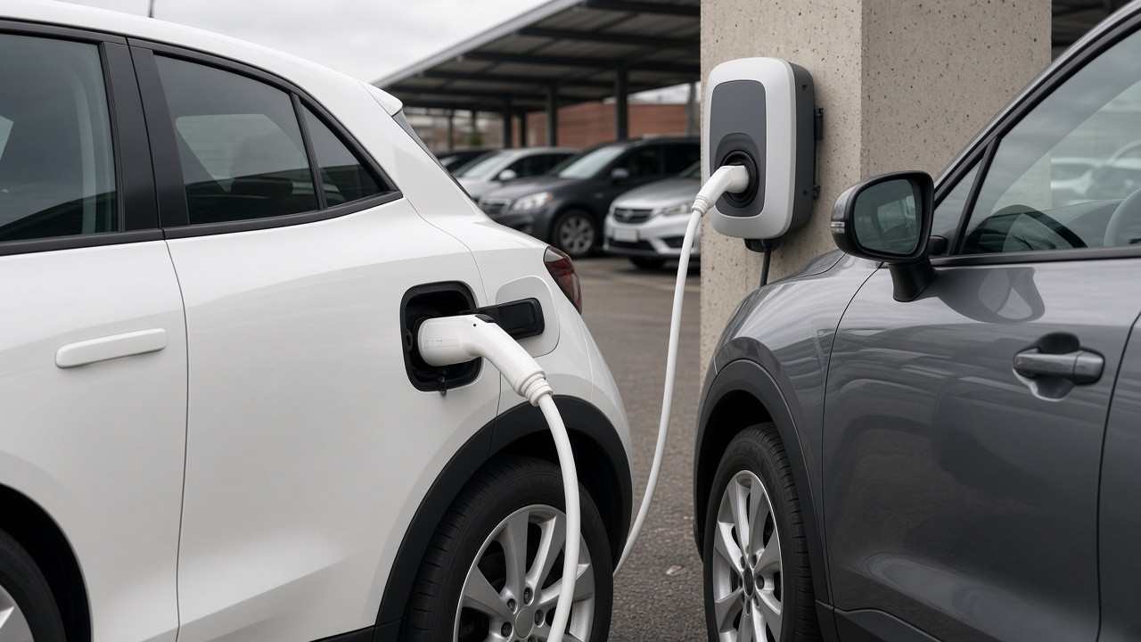 Coche eléctrico de ocasión cargando junto a un híbrido en un concesionario de vehículos usados