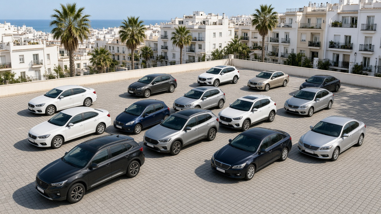 Exposición de coches de ocasión recientes al aire libre con palmeras en la costa mediterránea